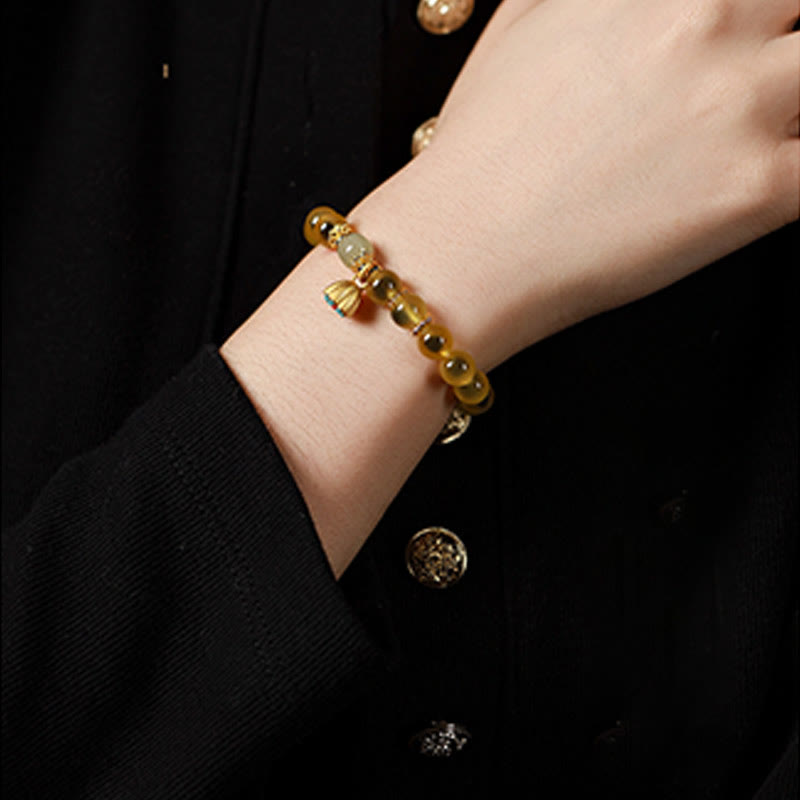 Fortune Jewel Natural Colorful Candy Agate Golden Lotus Pod Healing Bracelet