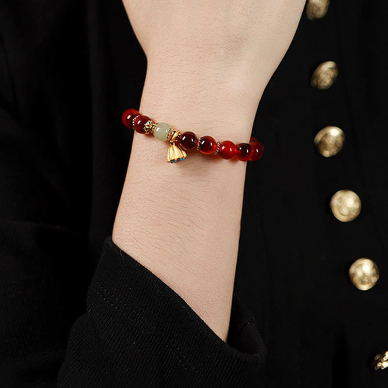 Fortune Jewel Natural Colorful Candy Agate Golden Lotus Pod Healing Bracelet