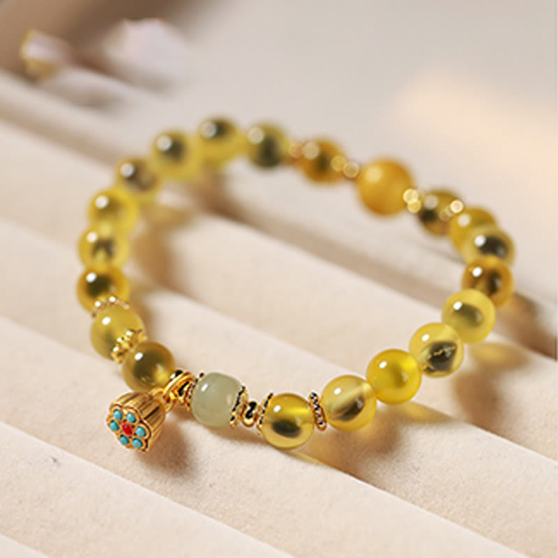 Fortune Jewel Natural Colorful Candy Agate Golden Lotus Pod Healing Bracelet