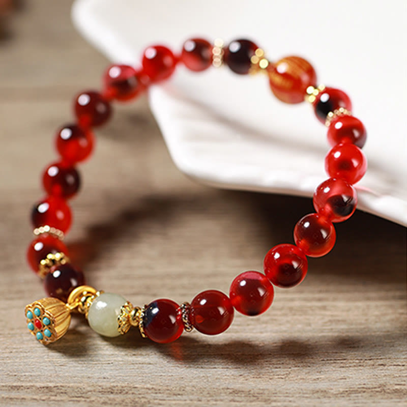 Fortune Jewel Natural Colorful Candy Agate Golden Lotus Pod Healing Bracelet