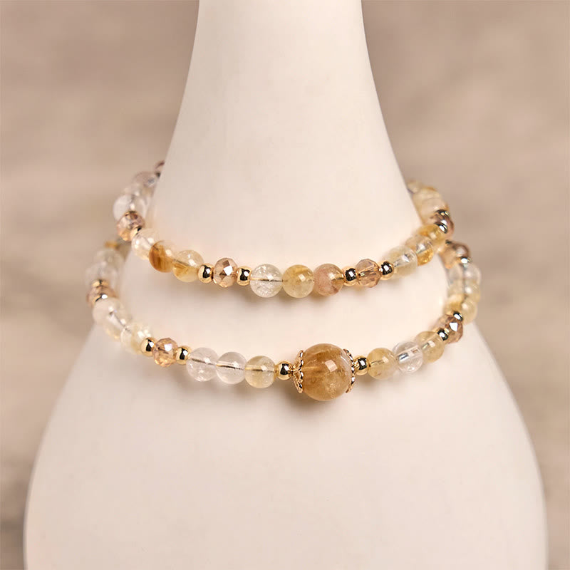 Fortune Jewel Natural Citrine Pink Crystal Beads Pleasure Creativity Double Layer Bracelet