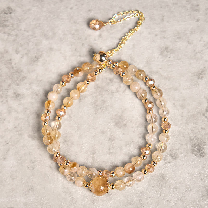 Fortune Jewel Natural Citrine Pink Crystal Beads Pleasure Creativity Double Layer Bracelet