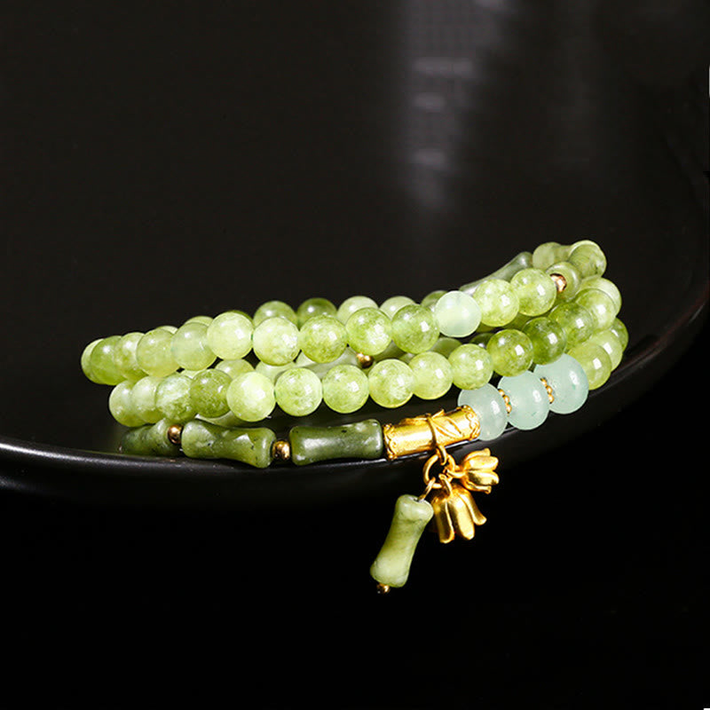 Fortune Jewel Retro Multilayer Lily of the Valley Bamboo Green Chalcedony Strength Bracelet