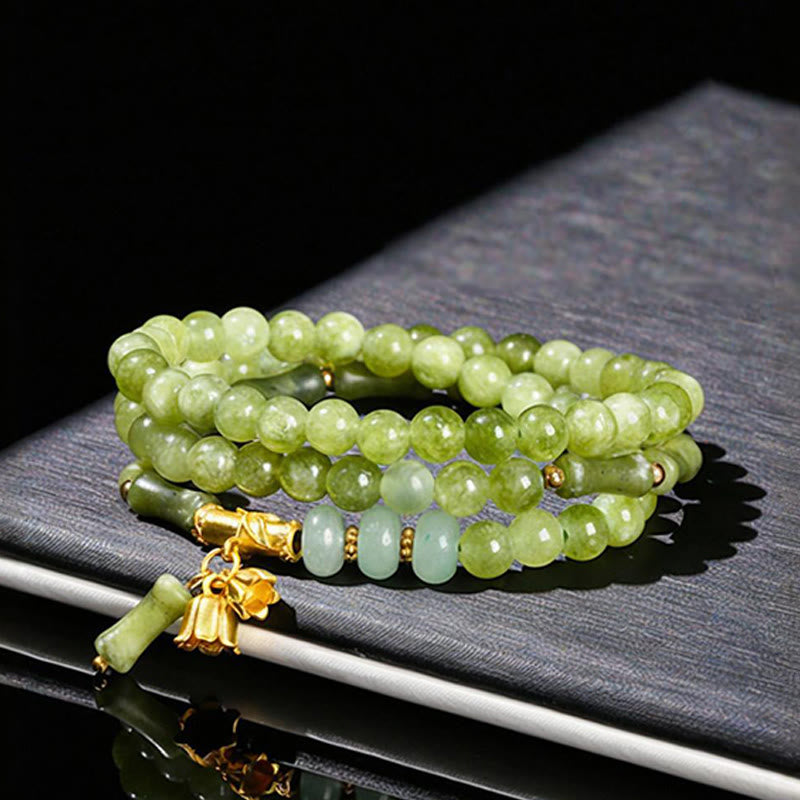 Fortune Jewel Retro Multilayer Lily of the Valley Bamboo Green Chalcedony Strength Bracelet