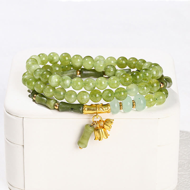 Fortune Jewel Retro Multilayer Lily of the Valley Bamboo Green Chalcedony Strength Bracelet