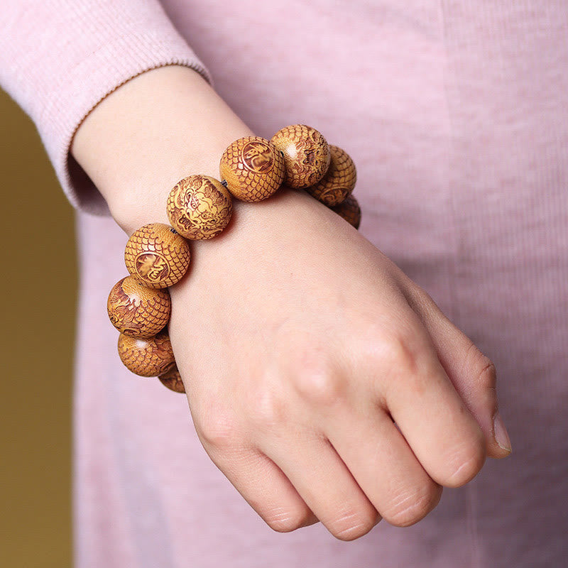 Fortune Jewel Carving Sandalwood Dragon Keep Away Evil Spirits Bracelet