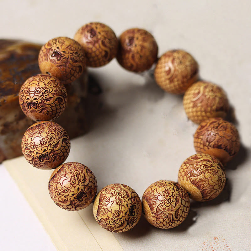 Fortune Jewel Carving Sandalwood Dragon Keep Away Evil Spirits Bracelet