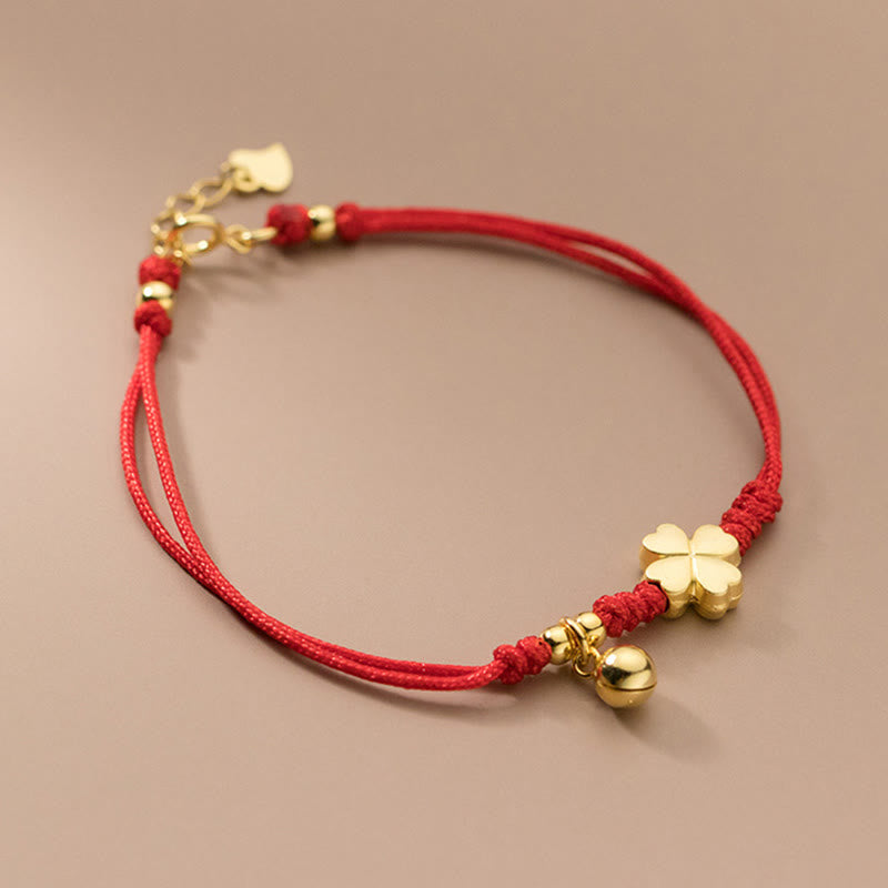 Fortune Jewel 925 Sterling Silver Plated Gold Four Leaf Clover Red String Connection Bracelet