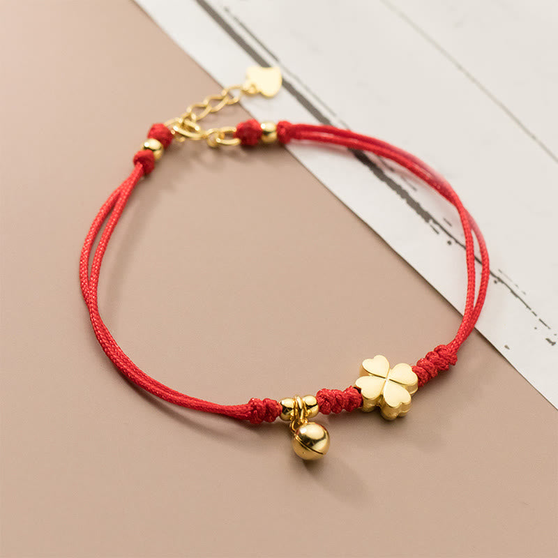 Fortune Jewel 925 Sterling Silver Plated Gold Four Leaf Clover Red String Connection Bracelet
