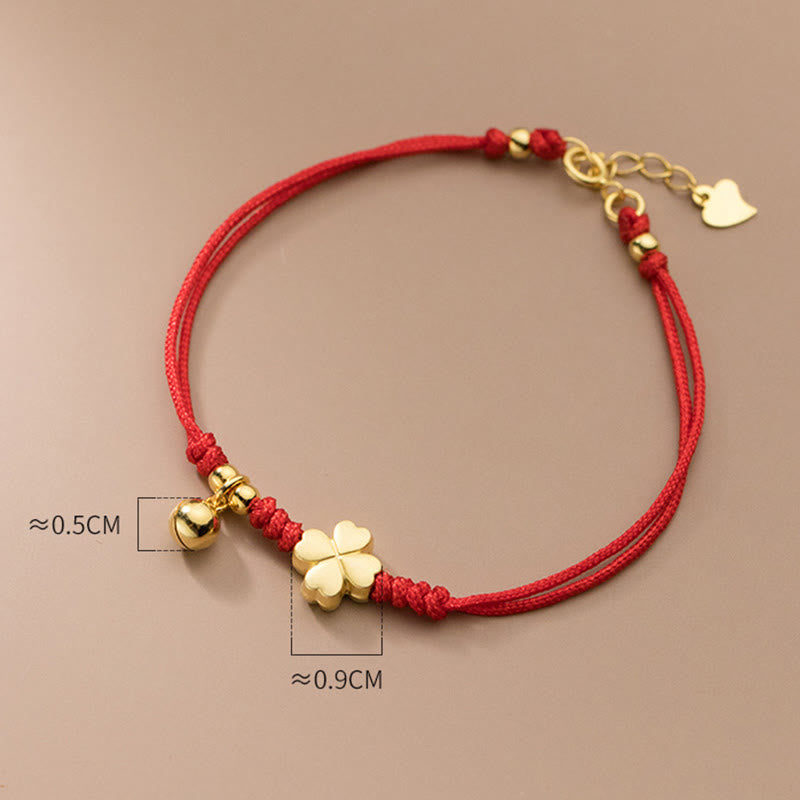 Fortune Jewel 925 Sterling Silver Plated Gold Four Leaf Clover Red String Connection Bracelet