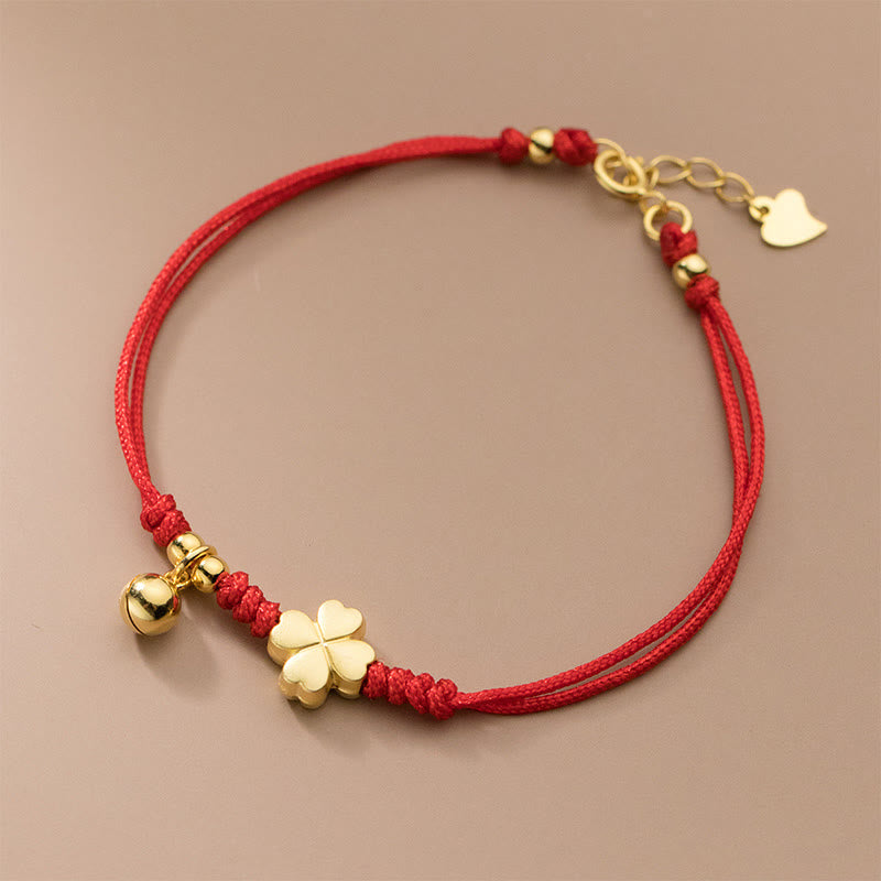 Fortune Jewel 925 Sterling Silver Plated Gold Four Leaf Clover Red String Connection Bracelet