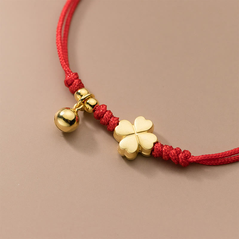 Fortune Jewel 925 Sterling Silver Plated Gold Four Leaf Clover Red String Connection Bracelet