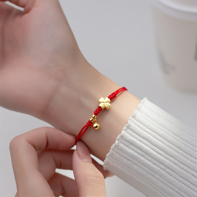 Fortune Jewel 925 Sterling Silver Plated Gold Four Leaf Clover Red String Connection Bracelet