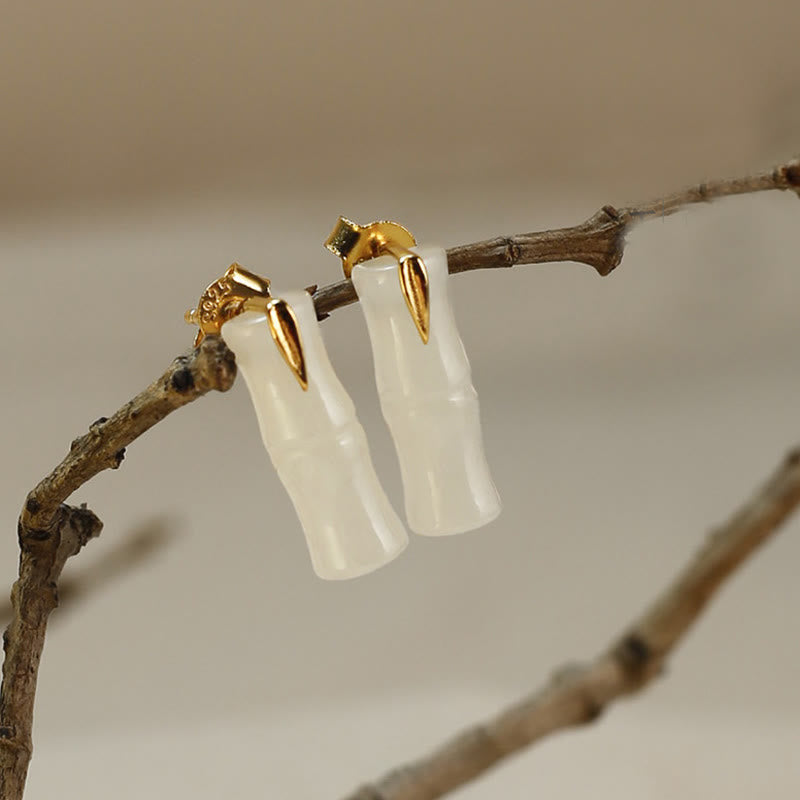 Fortune Jewel Bamboo Hetian Jade 925 Sterling Silver Leaf Wealth Earrings