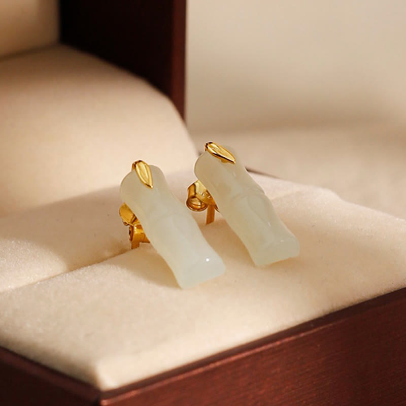 Fortune Jewel Bamboo Hetian Jade 925 Sterling Silver Leaf Wealth Earrings