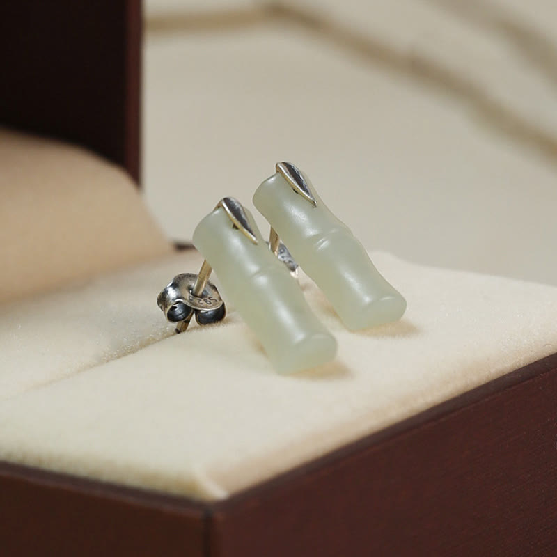 Fortune Jewel Bamboo Hetian Jade 925 Sterling Silver Leaf Wealth Earrings