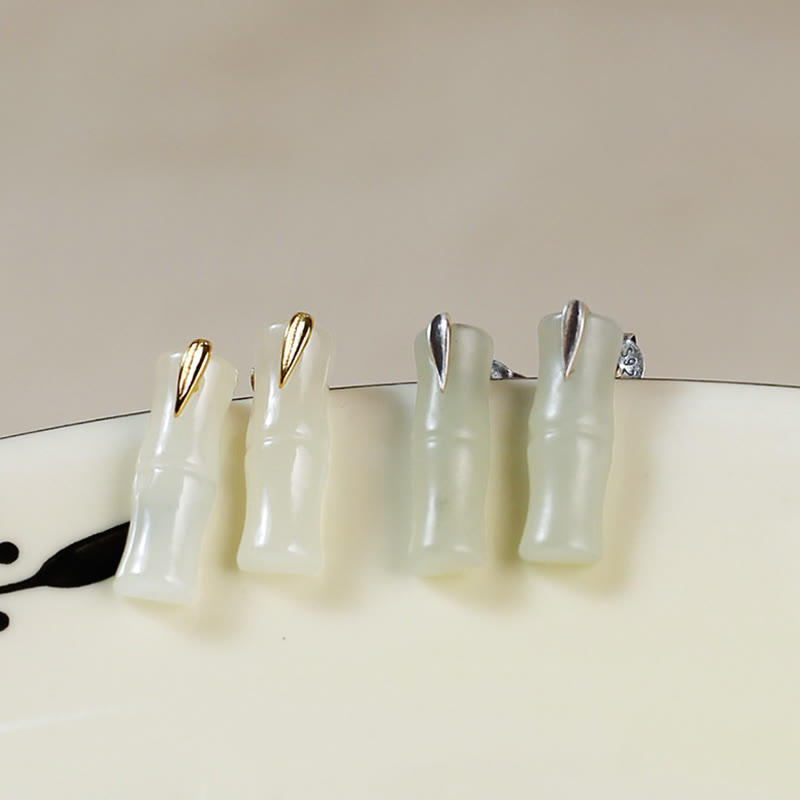 Fortune Jewel Bamboo Hetian Jade 925 Sterling Silver Leaf Wealth Earrings