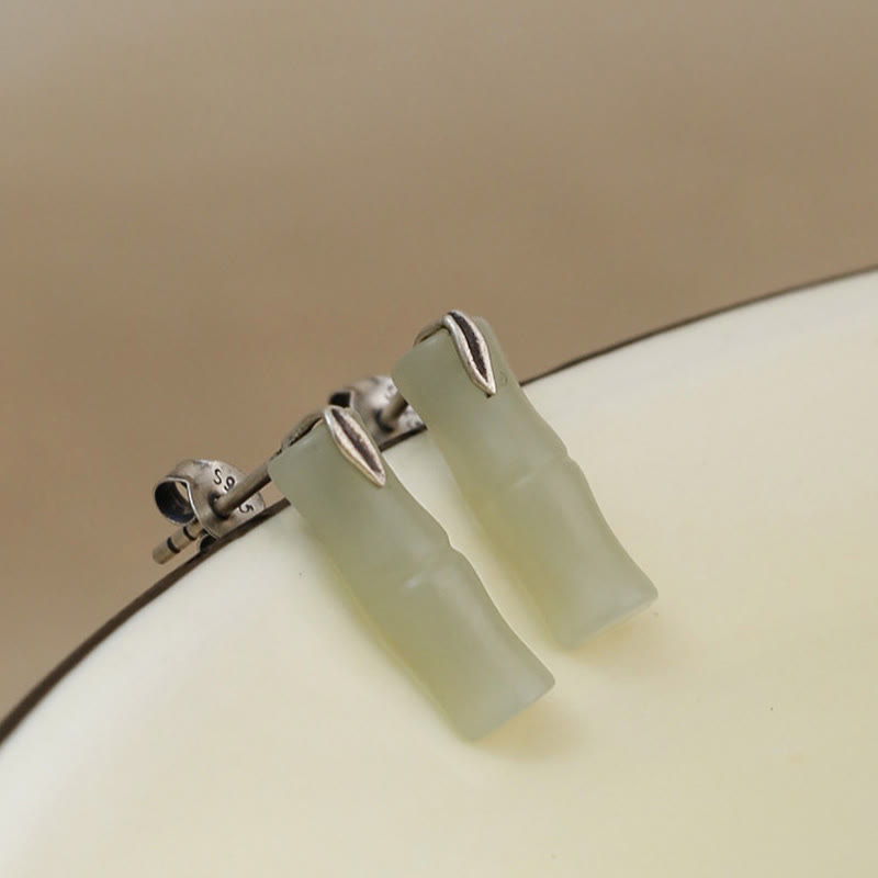 Fortune Jewel Bamboo Hetian Jade 925 Sterling Silver Leaf Wealth Earrings