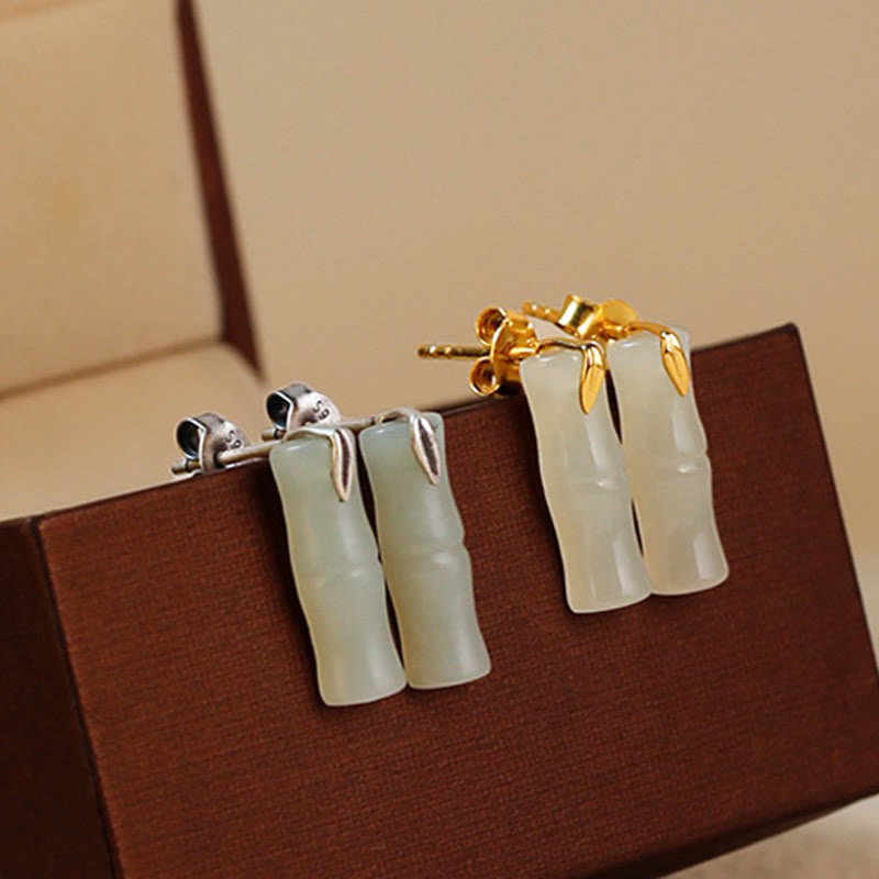 Fortune Jewel Bamboo Hetian Jade 925 Sterling Silver Leaf Wealth Earrings
