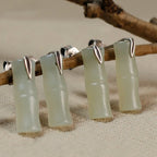 Fortune Jewel Bamboo Hetian Jade 925 Sterling Silver Leaf Wealth Earrings
