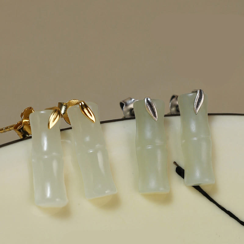 Fortune Jewel Bamboo Hetian Jade 925 Sterling Silver Leaf Wealth Earrings