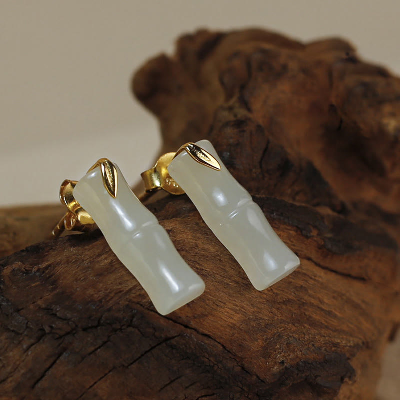 Fortune Jewel Bamboo Hetian Jade 925 Sterling Silver Leaf Wealth Earrings