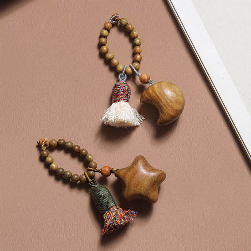 Fortune Jewel Natural Green Sandalwood Colored Rope Tassels Star Moon Abundance Key Chain