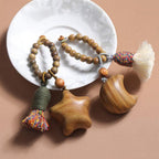Fortune Jewel Natural Green Sandalwood Colored Rope Tassels Star Moon Abundance Key Chain