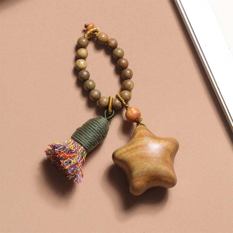 Fortune Jewel Natural Green Sandalwood Colored Rope Tassels Star Moon Abundance Key Chain