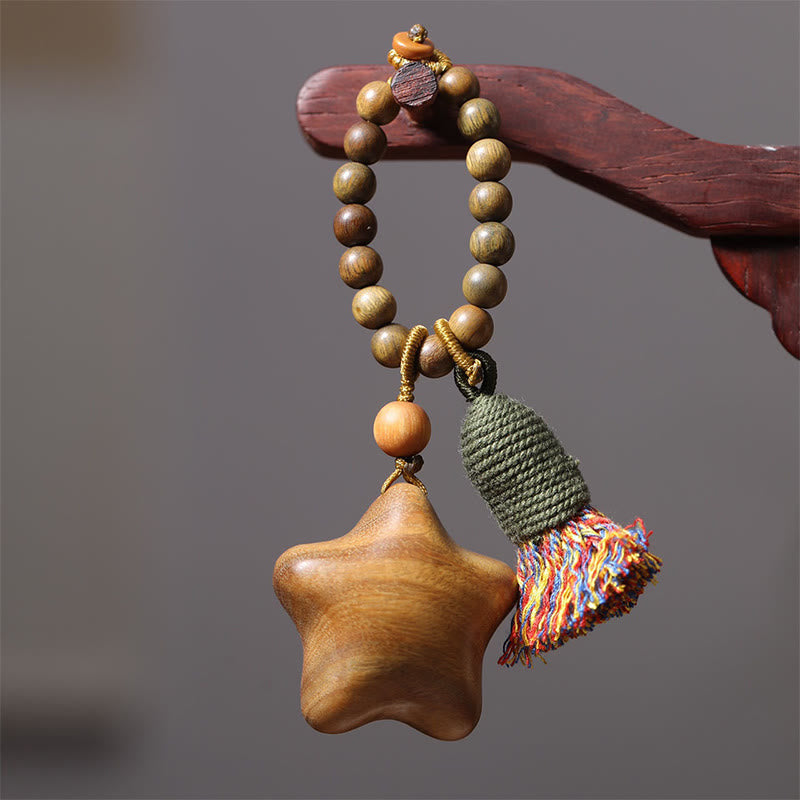 Fortune Jewel Natural Green Sandalwood Colored Rope Tassels Star Moon Abundance Key Chain