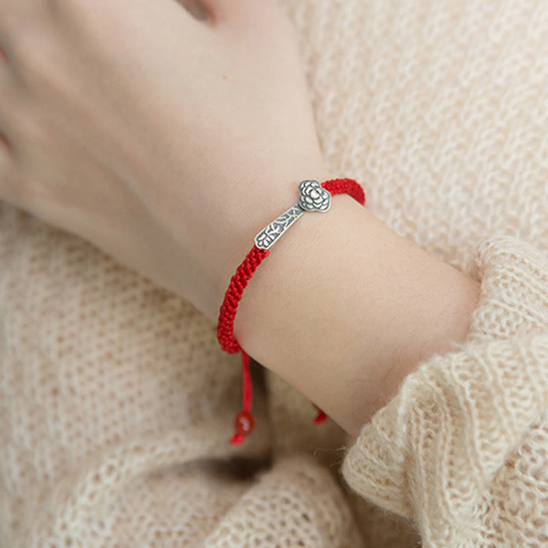 Fortune Jewel Retro 925 Sterling Silver Ruyi As One Wishes Red String Braided Luck Bracelet