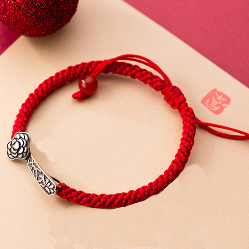 Fortune Jewel Retro 925 Sterling Silver Ruyi As One Wishes Red String Braided Luck Bracelet