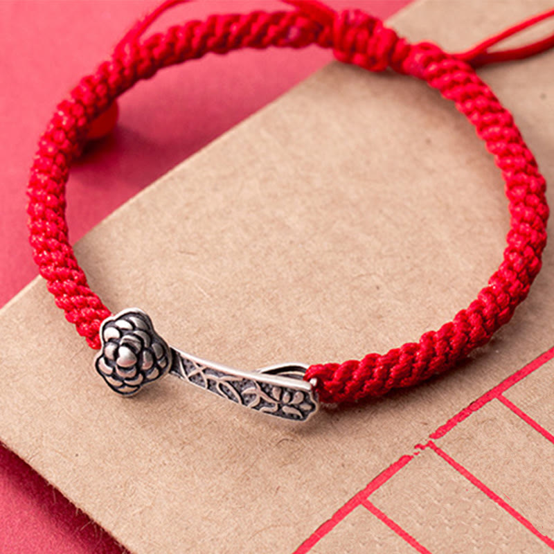 Fortune Jewel Retro 925 Sterling Silver Ruyi As One Wishes Red String Braided Luck Bracelet