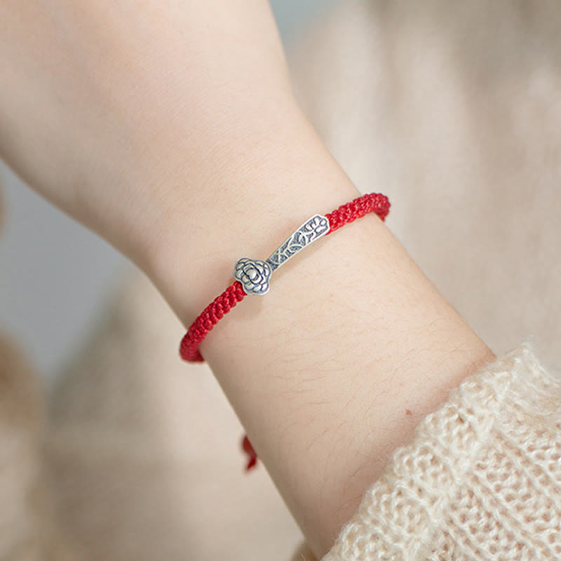 Fortune Jewel Retro 925 Sterling Silver Ruyi As One Wishes Red String Braided Luck Bracelet