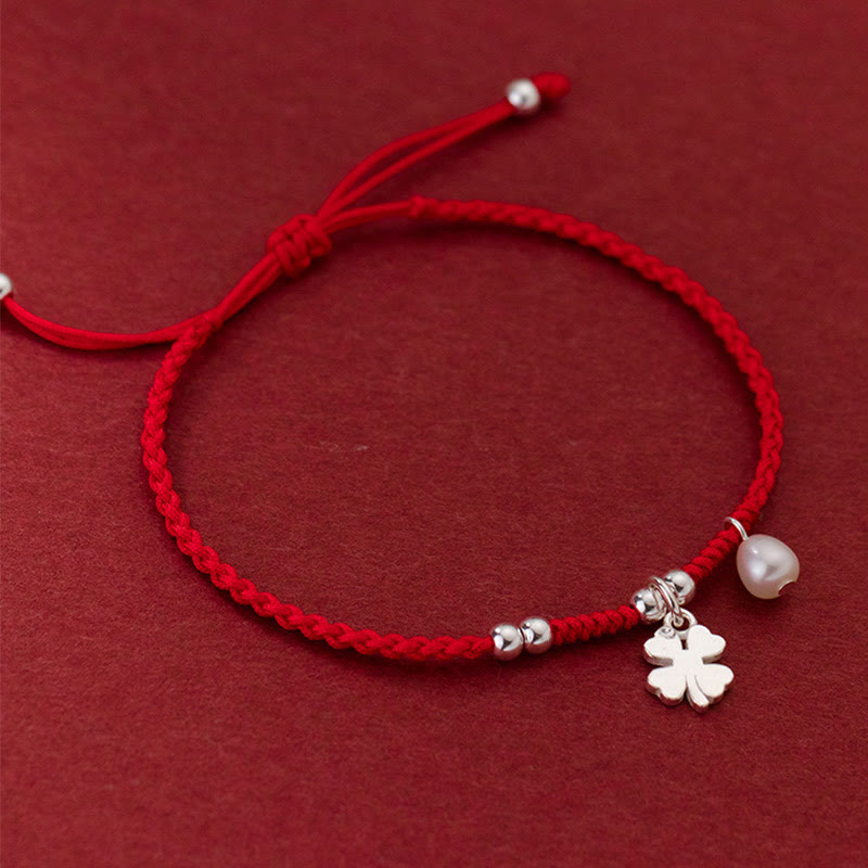 Fortune Jewel Retro 925 Sterling Silver Four Leaf Clover Pearl Luck Red String Bracelet