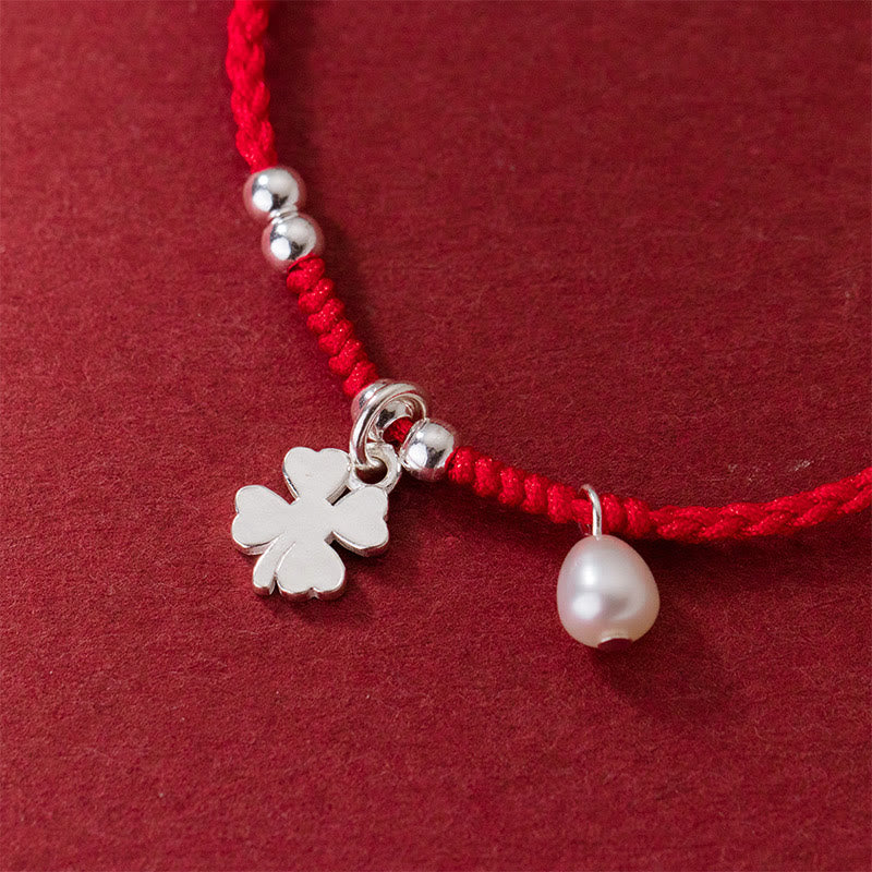 Fortune Jewel Retro 925 Sterling Silver Four Leaf Clover Pearl Luck Red String Bracelet