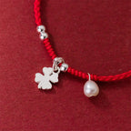 Fortune Jewel Retro 925 Sterling Silver Four Leaf Clover Pearl Luck Red String Bracelet