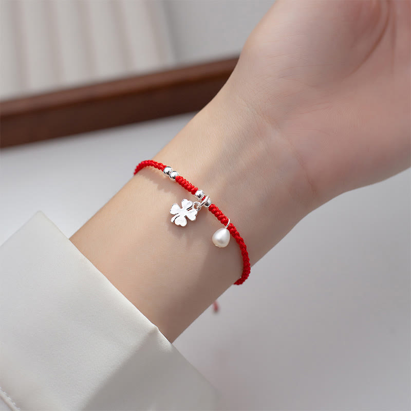 Fortune Jewel Retro 925 Sterling Silver Four Leaf Clover Pearl Luck Red String Bracelet