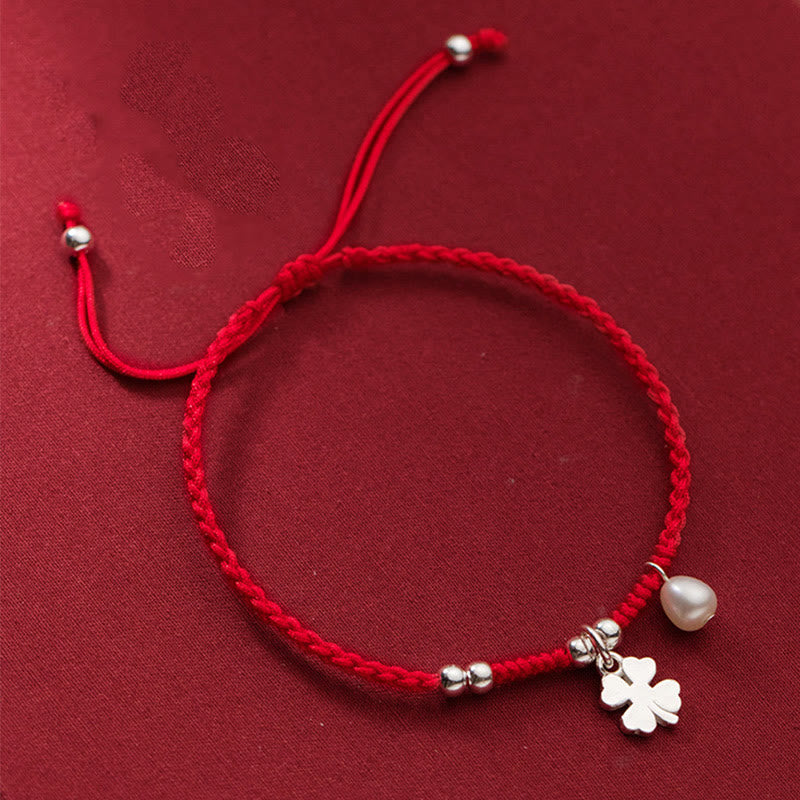 Fortune Jewel Retro 925 Sterling Silver Four Leaf Clover Pearl Luck Red String Bracelet