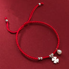 Fortune Jewel Retro 925 Sterling Silver Four Leaf Clover Pearl Luck Red String Bracelet