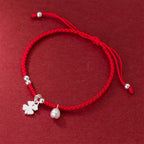 Fortune Jewel Retro 925 Sterling Silver Four Leaf Clover Pearl Luck Red String Bracelet