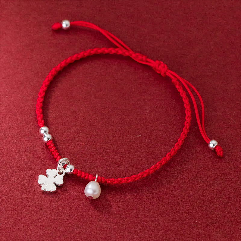 Fortune Jewel Retro 925 Sterling Silver Four Leaf Clover Pearl Luck Red String Bracelet