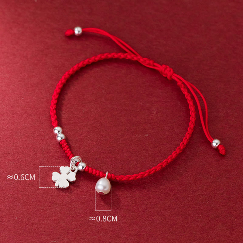 Fortune Jewel Retro 925 Sterling Silver Four Leaf Clover Pearl Luck Red String Bracelet