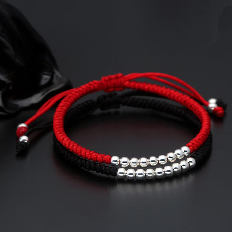 Fortune Jewel Retro 925 Sterling Silver Simple Beads Knot Design Luck String Bracelet