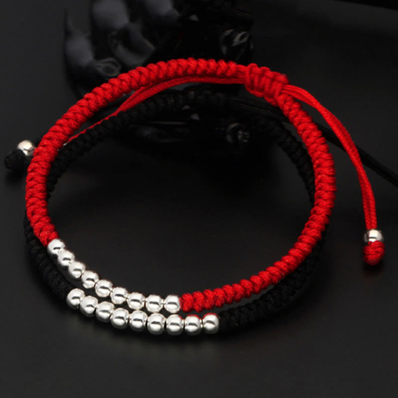 Fortune Jewel Retro 925 Sterling Silver Simple Beads Knot Design Luck String Bracelet