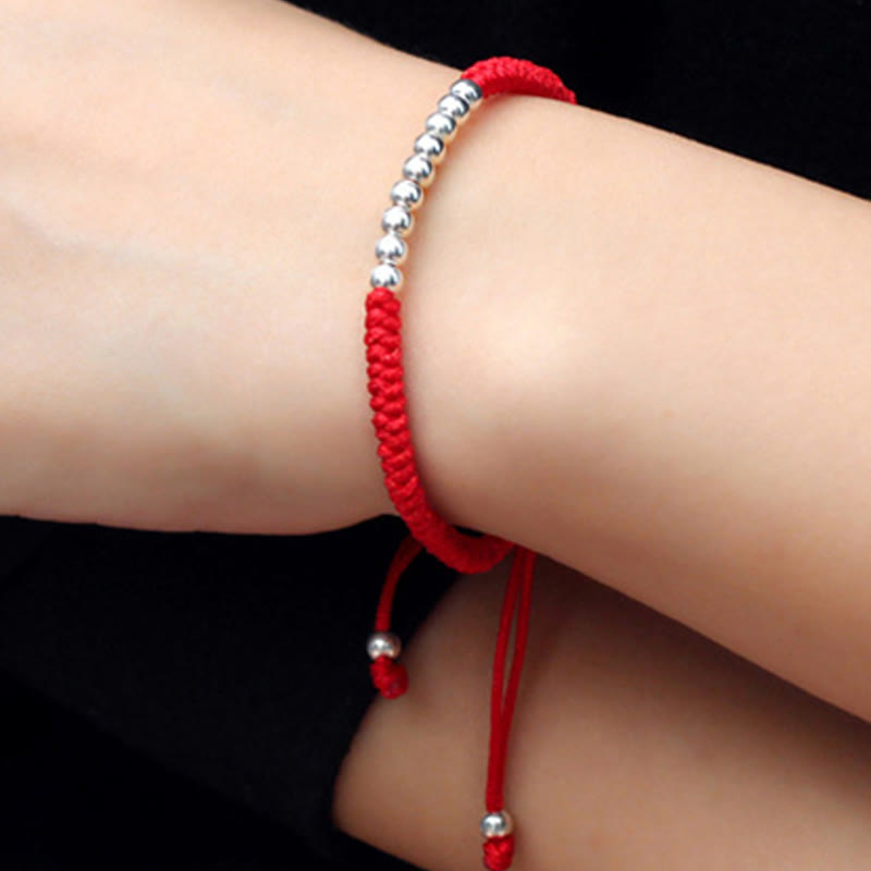 Fortune Jewel Retro 925 Sterling Silver Simple Beads Knot Design Luck String Bracelet