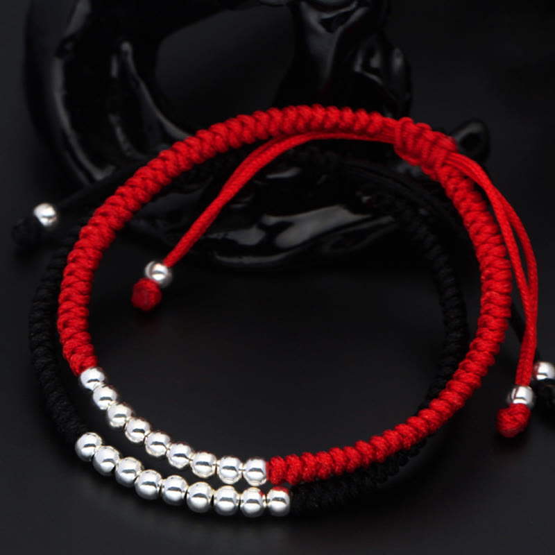 Fortune Jewel Retro 925 Sterling Silver Simple Beads Knot Design Luck String Bracelet