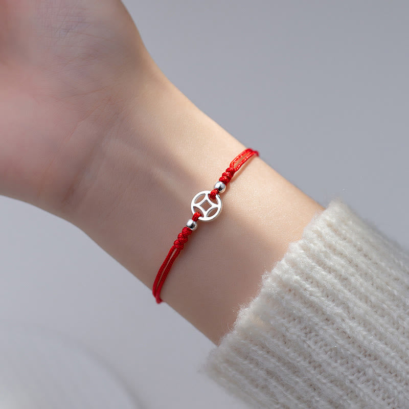 Fortune Jewel 925 Sterling Silver Hollow Copper Coin Luck String Bracelet