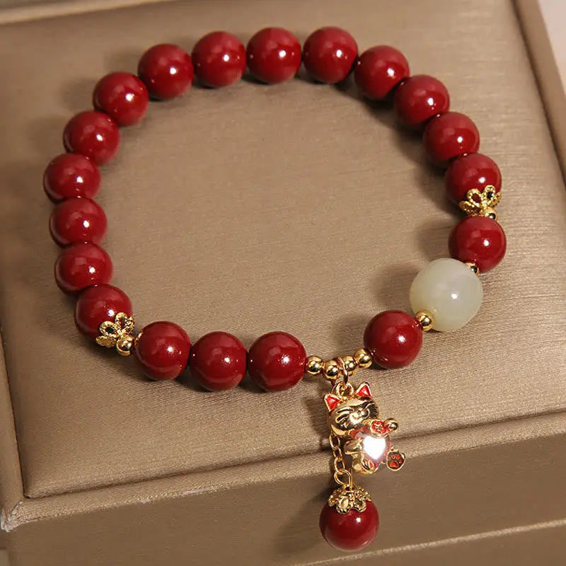Buddha Stones "Wishing You Good Fortune and Joy" Cat Cinnabar Bracelet Includes Gift Message Card Fortune Jewel