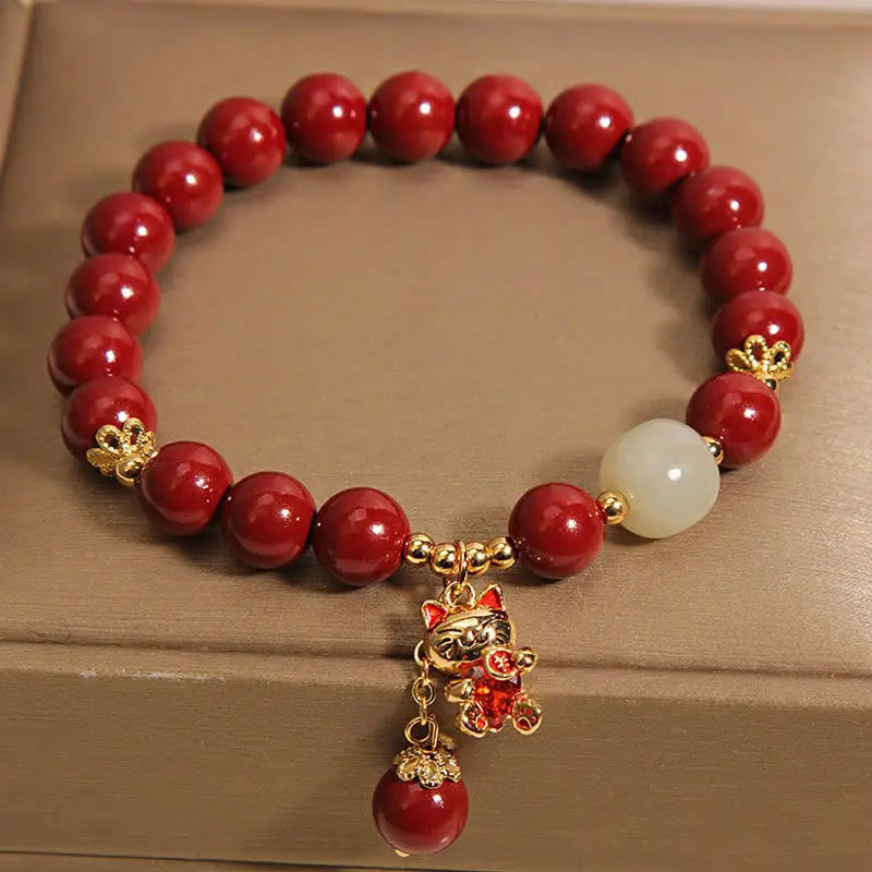 Buddha Stones "Wishing You Good Fortune and Joy" Cat Cinnabar Bracelet Includes Gift Message Card Fortune Jewel